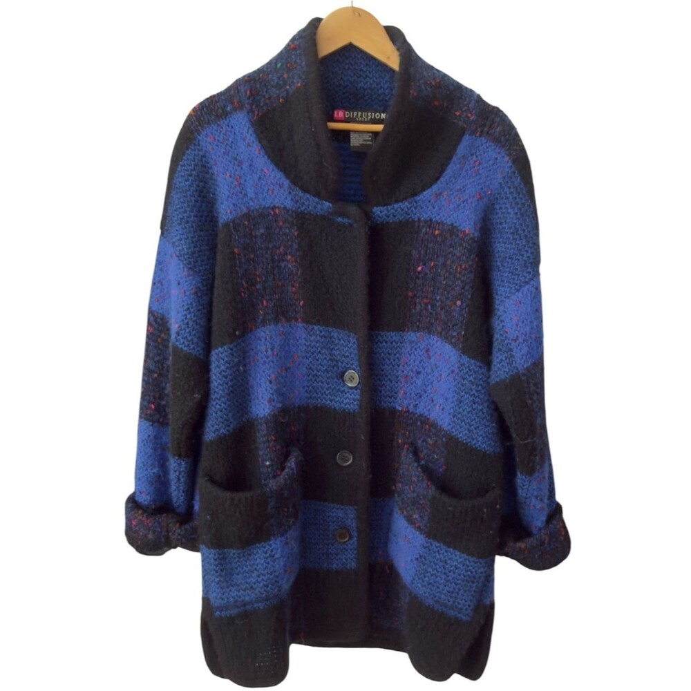 Vintage I.B. Diffusion Mohair Blend Blue Black 90s Cardigan Sweater Coat. Medium